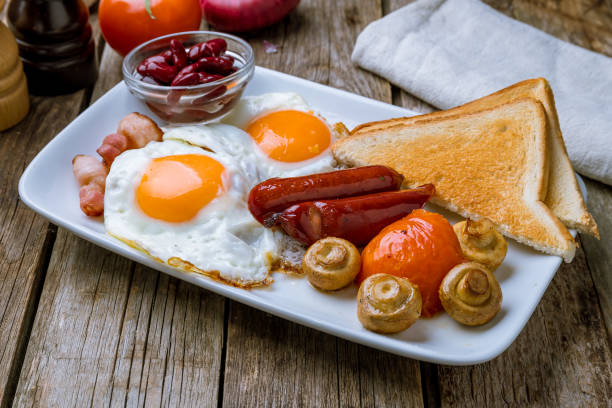 istock English Breakfast on a plate on wooden background 1155090548
