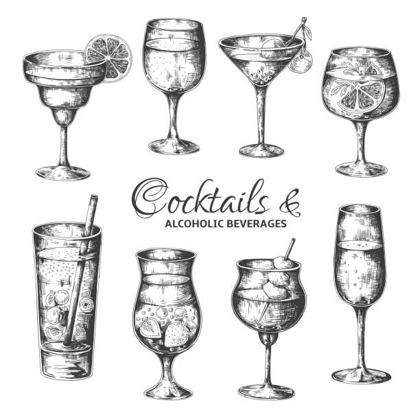 Hand drawn cocktails. Vintage glasses with liquors and alcoholic drinks, summer drinks sketch menu. Vector tropical beverages set Hand drawn cocktails. Vintage glasses with liquors and alcoholic drinks, summer drinks sketch menu. Vector tropical vintage beverages illustrations set drinking illustrations stock illustrations
