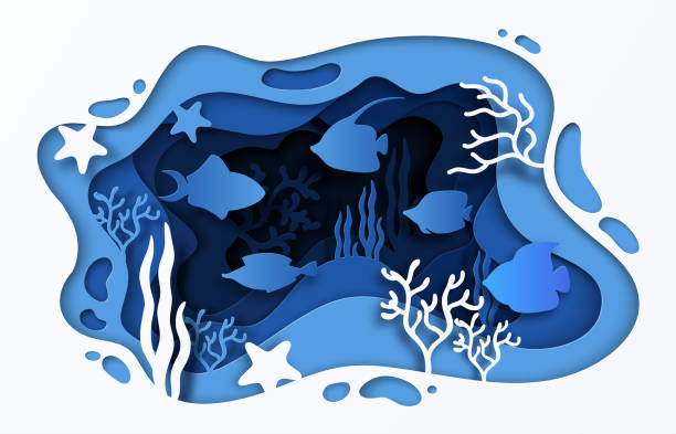 papier cięte tło morskie. podwodna morska rafa koralowa z falami ryb i wodorostów, letni plakat z kreskówek 3d. wektor pod wodą - underwater abstract coral seaweed stock illustrations