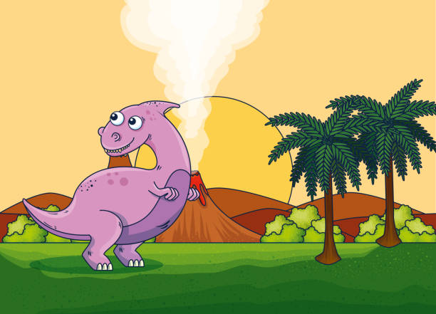 istock parasaurolophus with volcano smoke and palms trees with bushes 1155099237