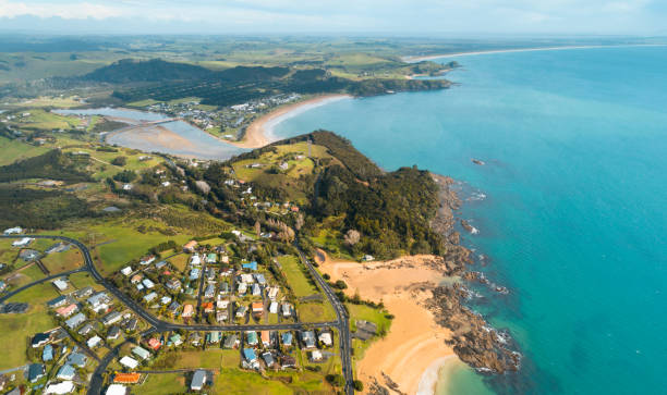 Aerial view of Cable Bay, Northland. Aerial view of Cable Bay, in Doubtless bay area, North Island, New Zealand. northland new zealand stock pictures, royalty-free photos & images