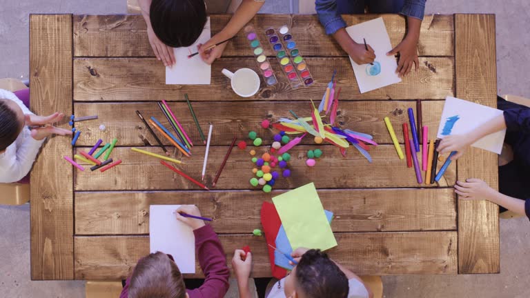 Aerial view of kids doing arts and crafts