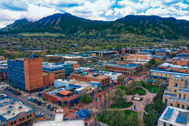 Aerial view of Pearl Street Mall in Boulder Colorado Aerial view of Pearl Street Mall in Boulder Colorado colorado photos stock pictures, royalty-free photos & images