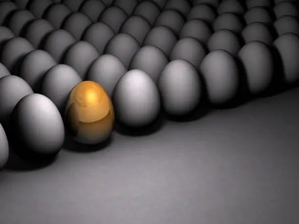 Photo of Golden sparkling egg. It expresses its potential. Dim background. 3D illustration