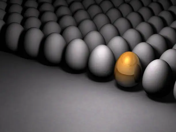 Photo of Golden sparkling egg. It expresses its potential. Dim background. 3D illustration