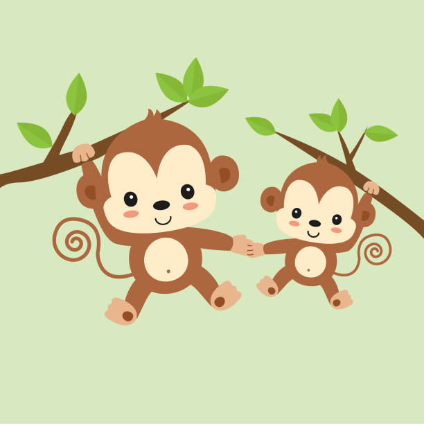 Cute mom and baby monkey hanging on tree. Cute mom and baby monkey hanging on tree. ape illustrations stock illustrations
