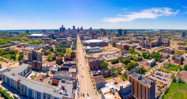 Aerial view of Residential district with Woodward avenue in Detroit Michigan Aerial view of Residential district with Woodward avenue in Detroit Michigan detroit michigan photos stock pictures, royalty-free photos & images