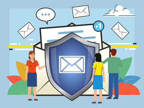 Secure Message Email Banner Example Encrypted Secure Messenger Concept People Stand Near Big Shield Email ...