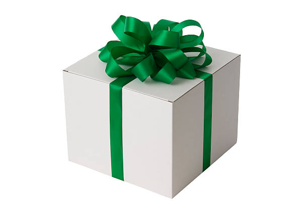 istock White blank gift box tied with a green ribbon bow 115511356