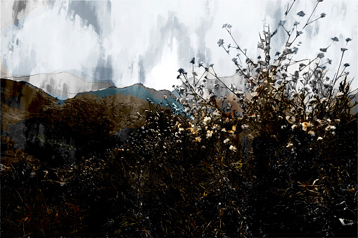 Digital painting of wild flowers by brushing, illustration of wild flowers with mountain background