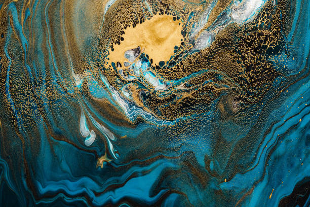 istock Acrylic Fluid Art. Abstract marble background or texture. Blue sapphire waves and gold spots curls 1155119200