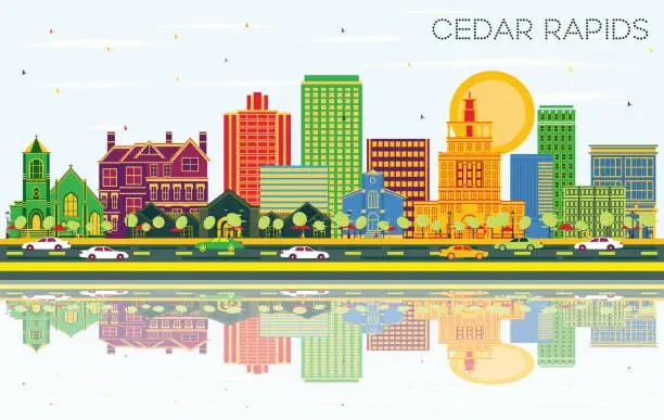 Vector illustration of Cedar Rapids Iowa City Skyline with Color Buildings, Blue Sky and Reflections.