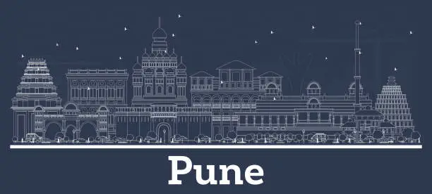 Vector illustration of Outline Pune India City Skyline with White Buildings.