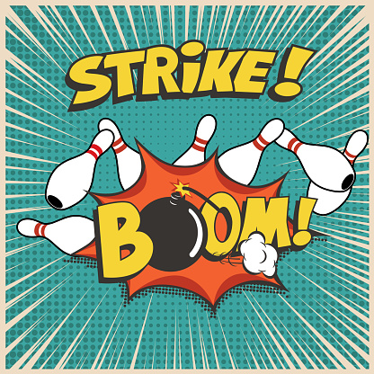 Bowling club cartoon social media banner concept. Strike, ball hit skittles pop art style illustration with typography. Active leisure, pastime. Kegling hobby vintage poster. Bomb with boom lettering