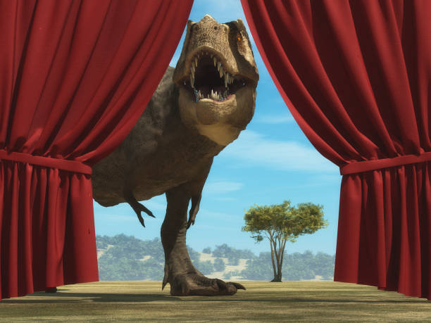 istock Tyrannosaurus Rex enters on stage through opened curtain. This is a 3d rende illustration 1155127593