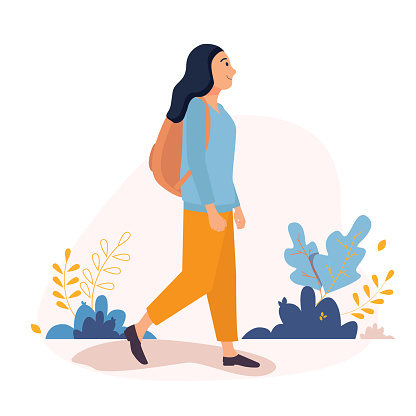 Happy Young Woman walking outside around the city with backpack. Vector character illustration in a flat style on a white background.