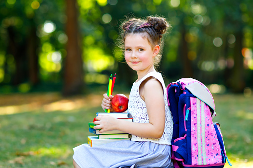 Happy adorable little kid girl reading book and holding different colorful books, apples and pencils on first day to school or nursery. Back to school concept. Healthy child of elementary class