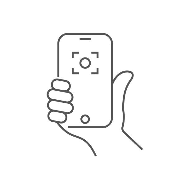 hand hält telefon, selfie-icon. trendiges ikon-selfie auf smartphone vector illustration. bearbeitbare stroke. eps 10 - menschlicher finger fotos stock-grafiken, -clipart, -cartoons und -symbole