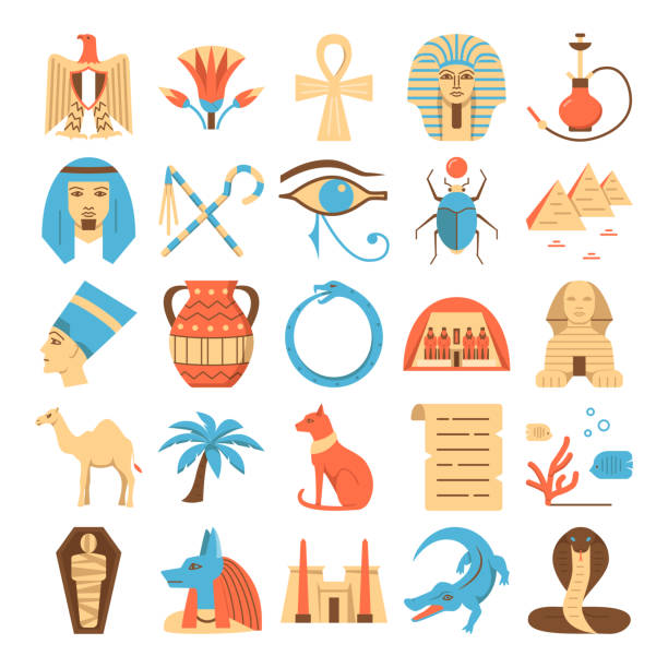 ilustrações de stock, clip art, desenhos animados e ícones de egypt colorful icons set in flat style - luxor