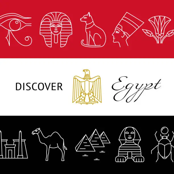 Vector illustration of Discover Egypt concept banner with popular symbols and national flag colors