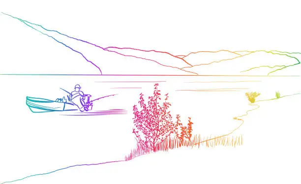 Vector illustration of Alone Fishing On The Boat Rainbow