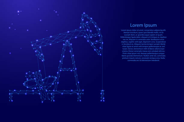 미래의 다각형 블루 라인과 배너, 포스터, 인사말 카드에 대 한 빛나는 별에서 오일 펌프. 벡터 일러스트입니다. - jack up rig illustrations stock illustrations
