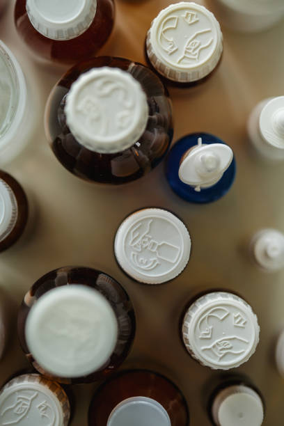 Brown medicine bottles, directly above shot.