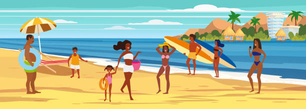 illustrazioni stock, clip art, cartoni animati e icone di tendenza di persone in spiaggia donne uomini bambini in riva al mare rilassante e svolgendo attività all'aperto per il tempo libero - prendere il sole, parlare, camminare, surf, mare o oceano. illustrazione vettoriale del cartone animato piatto di tendenza. - beach surfing bikini retro revival