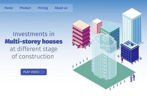 Vector Illustration Investments in Multi-storey Houses at Different Stage of Construction. People Discuss Size Future Construction Site. Virtual Tour Future High-rise Home. Isometric Landing Page.
