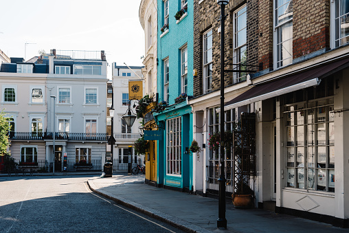 London, UK - May 15, 2019: Scenic view of Notting Hill, a picturesque district in West London in the Borough of Kensington and Chelsea