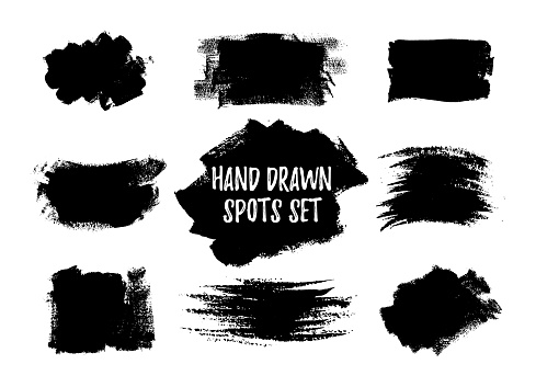 Hand drawn brush spots set. Vector illustration. Black white paint stripes and strokes artistic backgrounds. Grunge texture scribbles
