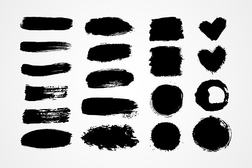 Hand drawn set brush strokes vector illustration. Black white paint blobs and daubs artistic backgrounds. Grunge texture scribbles