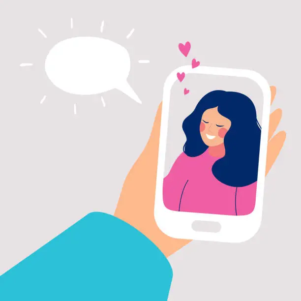 Vector illustration of Human hand holds mobile smartphone with smiling young woman on display