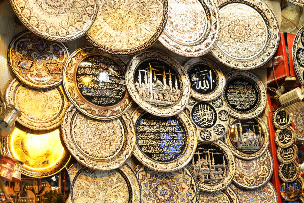 beautiful souvenirs dishes art gold at the Sultanahmet market in Istanbul Turkey