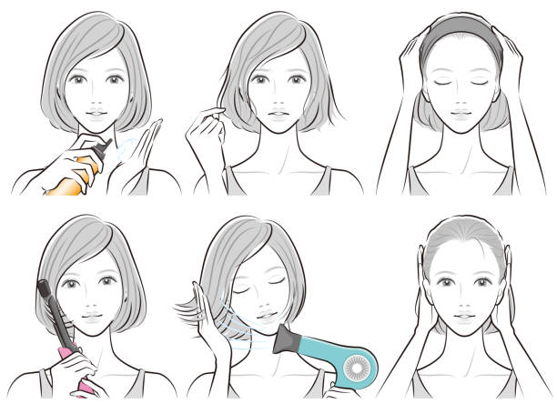 illustration der frau, die haarpflege macht - hairdresser human hair hairstyle hair care stock-grafiken, -clipart, -cartoons und -symbole