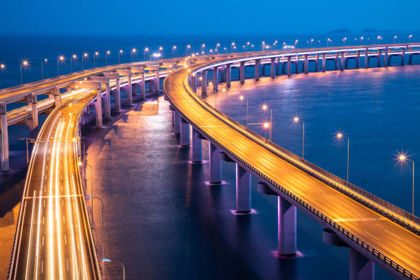 istock Night view of the sea bridge 1155142557