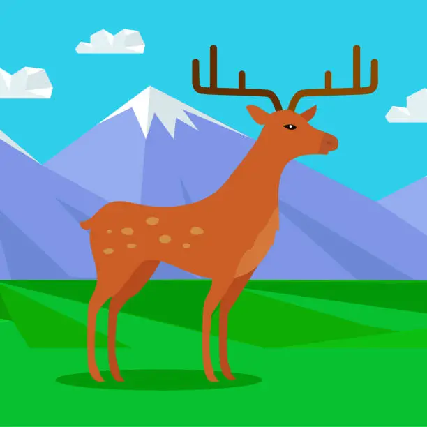 Vector illustration of Fallow-deer in habitat Flat Design Illustration