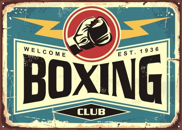 ilustrações, clipart, desenhos animados e ícones de projeto retro do molde do sinal do estanho do clube de encaixotamento - boxe desporto