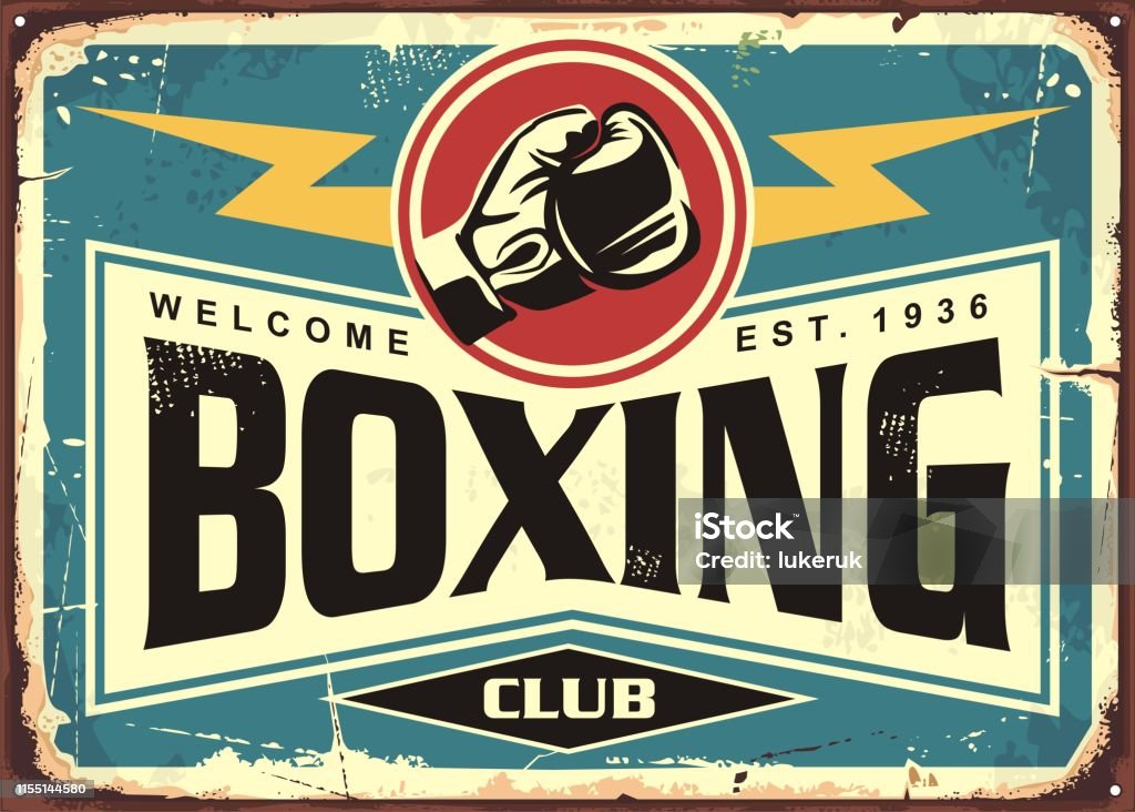 Boxing club retro tin sign template design Boxing club retro tin sign template design. Sport and recreation promotional poster. Vector illustration. Poster stock vector