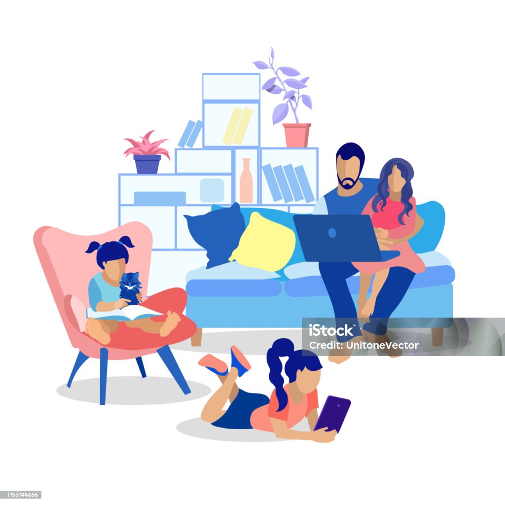 Happy Cartoon Family At Home Flat Illustration Stock Illustration -  Download Image Now - Family, Child, Domestic Life - iStock