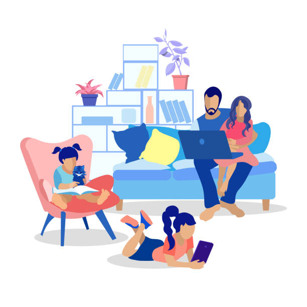 Happy Cartoon Family at Home Flat Illustration Happy Cartoon Family at Home Flat Vector Illustration. Father and Daughter Watching Video on Laptop Sitting on Sofa. Little Girl on Armchair Reading Book to Cat. Eldest Female Child Using Tablet family home stock illustrations