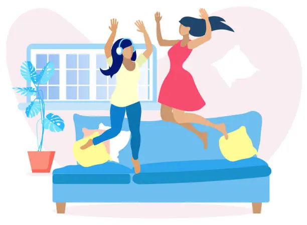 Vector illustration of Two Pretty Women Having Fun at Home Jump on Sofa