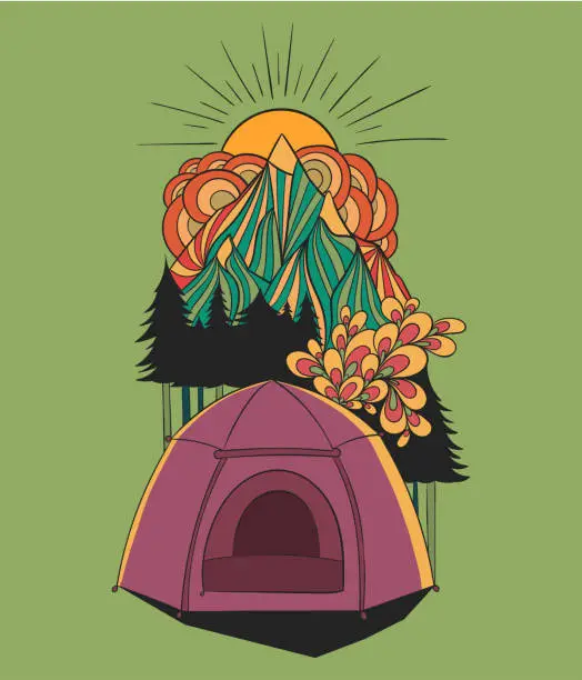 Vector illustration of Doodle outdoor tourism art. Camping emblem.