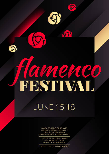 Vertical flamenco background with red and golden graphic elements and text. - ilustração de arte vetorial