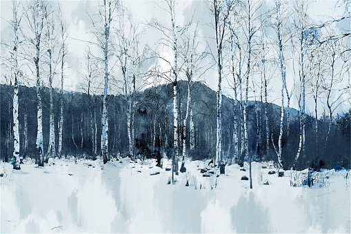 Abstract digital painting of trees in winter, illustration of trees with no leaves for background
