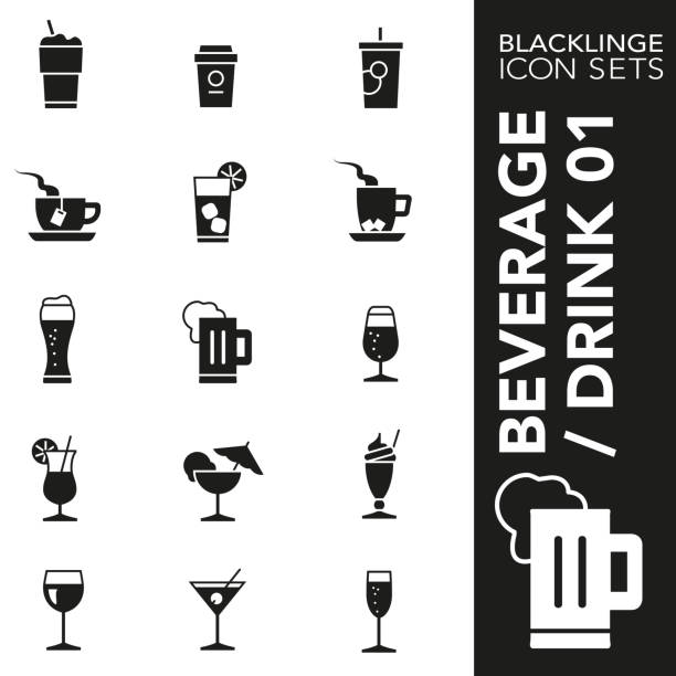 ilustraciones, imágenes clip art, dibujos animados e iconos de stock de conjunto de iconos en blanco y negro de bebidas y bebidas 01 - wineglass symbol coffee cup cocktail