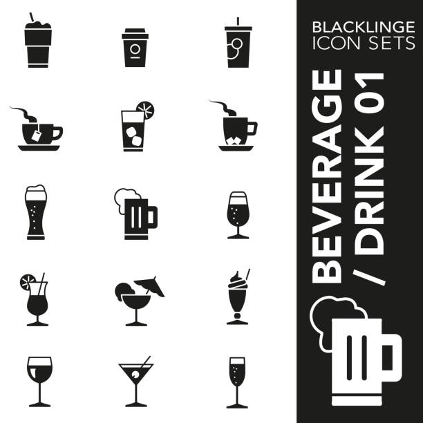 음료 와 음료의 흑백 아이콘 세트 01 - wineglass cup soda vector stock illustrations