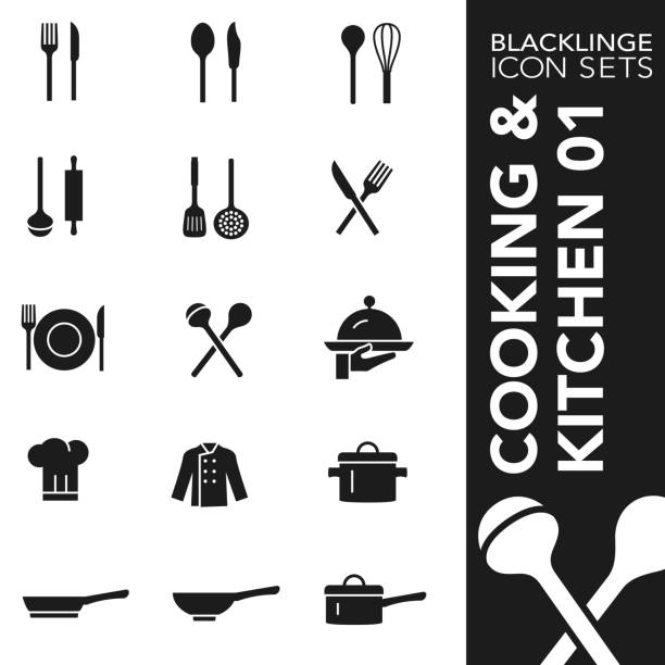 Black and White icon set of cooking and kitchen 01 High quality black and white icons of cooking and kitchen. Blacklinge are the best pictogram pack unique design for all dimensions and devices. Vector graphic, logo, symbol and website content. serving food and drinks stock illustrations
