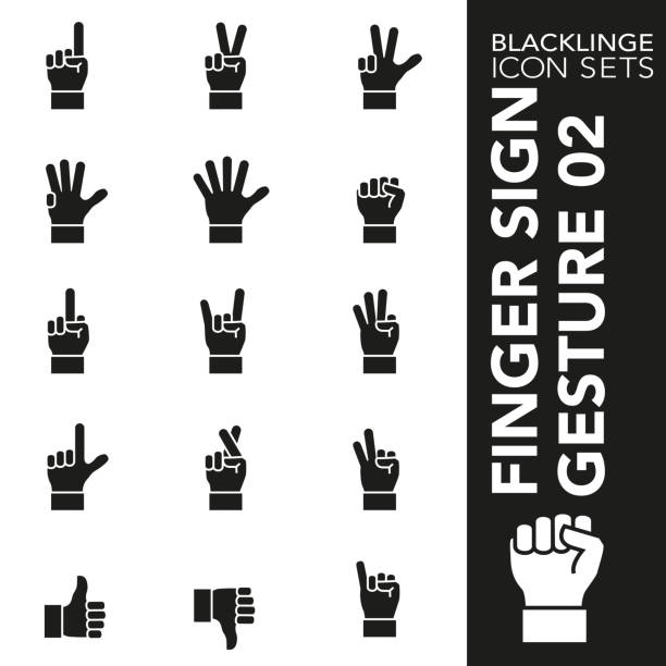 손가락 기호 및 손 제스처 02의 흑백 아이콘 세트 - number 1 human hand sign index finger stock illustrations