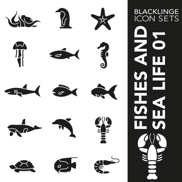 Black and White icon set of Fisches and Sea Life 01 High quality black and white icons of ocean life and fishes. Blacklinge are the best pictogram pack unique design for all dimensions and devices. Vector graphic, logo, symbol and website content. great white shark stock illustrations